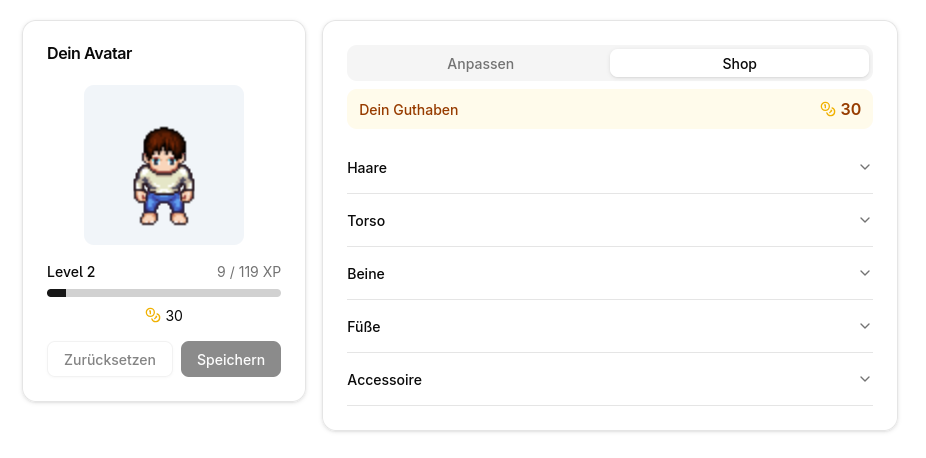 Avatar-Ansicht mit Ausrüstungsgegenständen, XP-Fortschritt und Levelanzeige